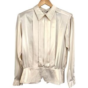 Vintage Nalini Satin Blouse Pleated Embroidered Button Back Size Medium 9/10
